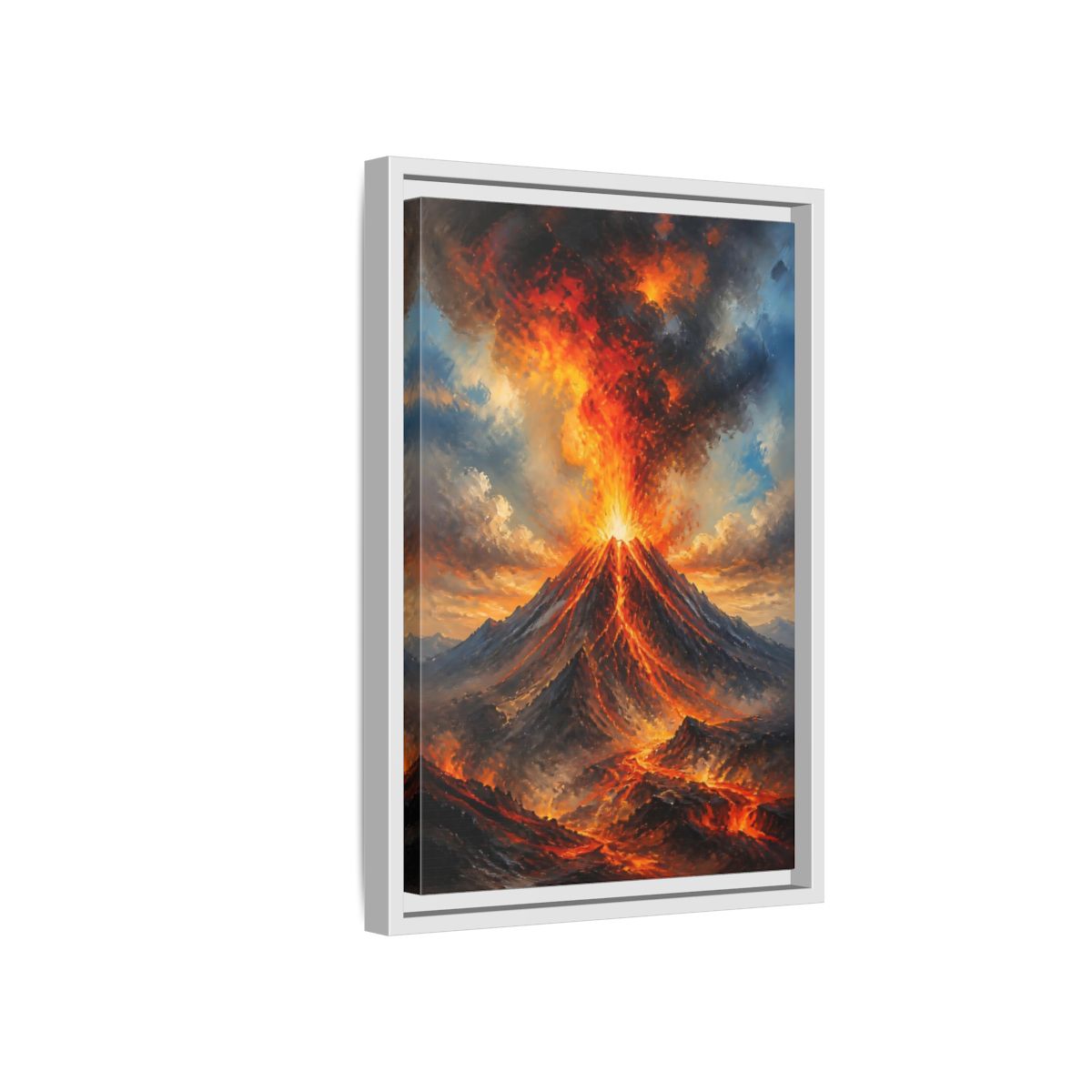 Side Mockup 4. Fiery Volcano Eruption shown as framed canvas print