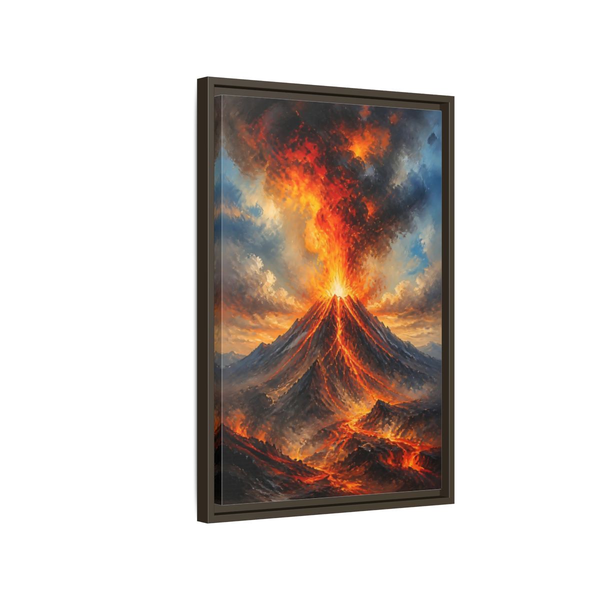 Side Mockup 2. Fiery Volcano Eruption shown as framed canvas print