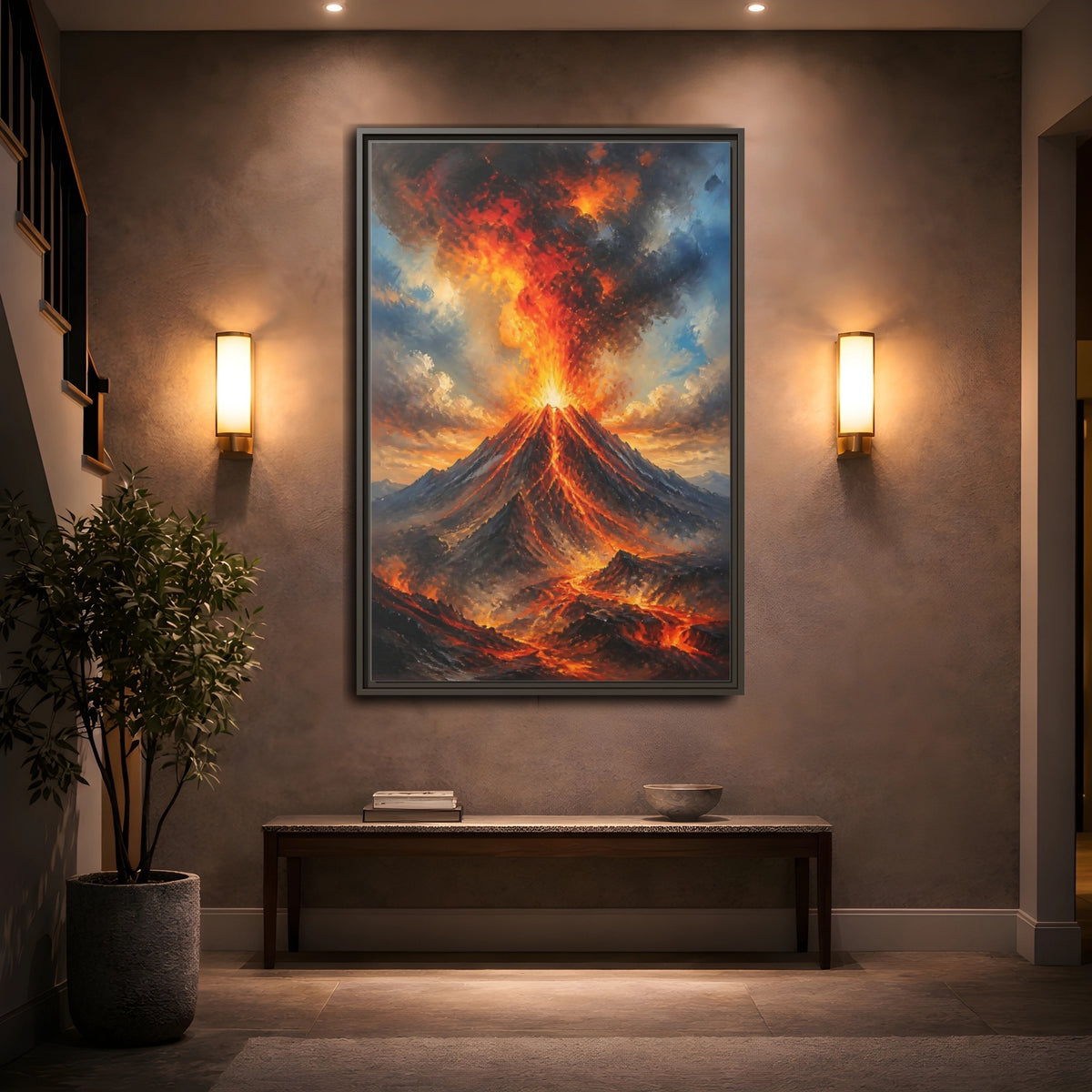 Mockup 2. Fiery Volcano Eruption shown as framed canvas print