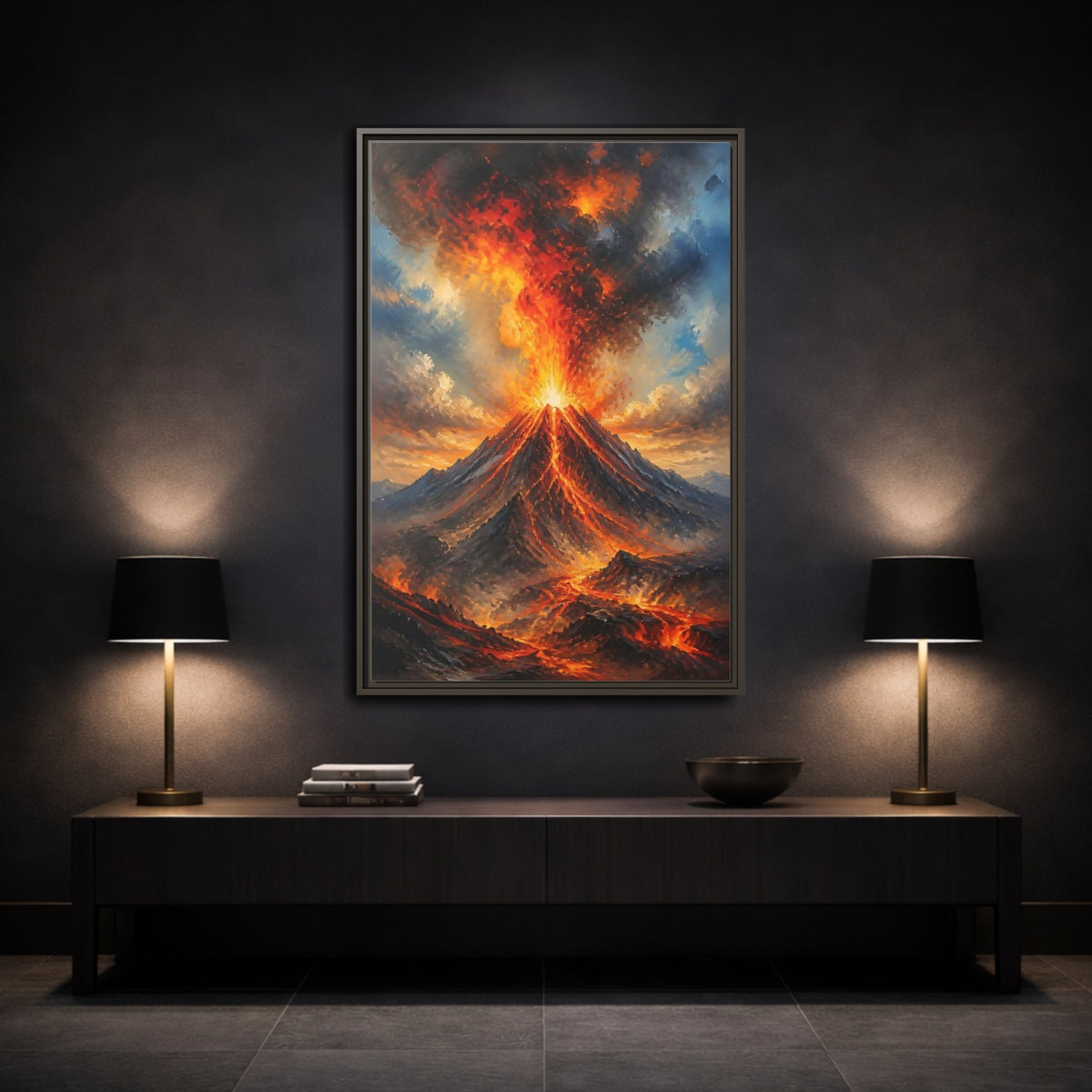 Mockup 3. Fiery Volcano Eruption shown as framed canvas print