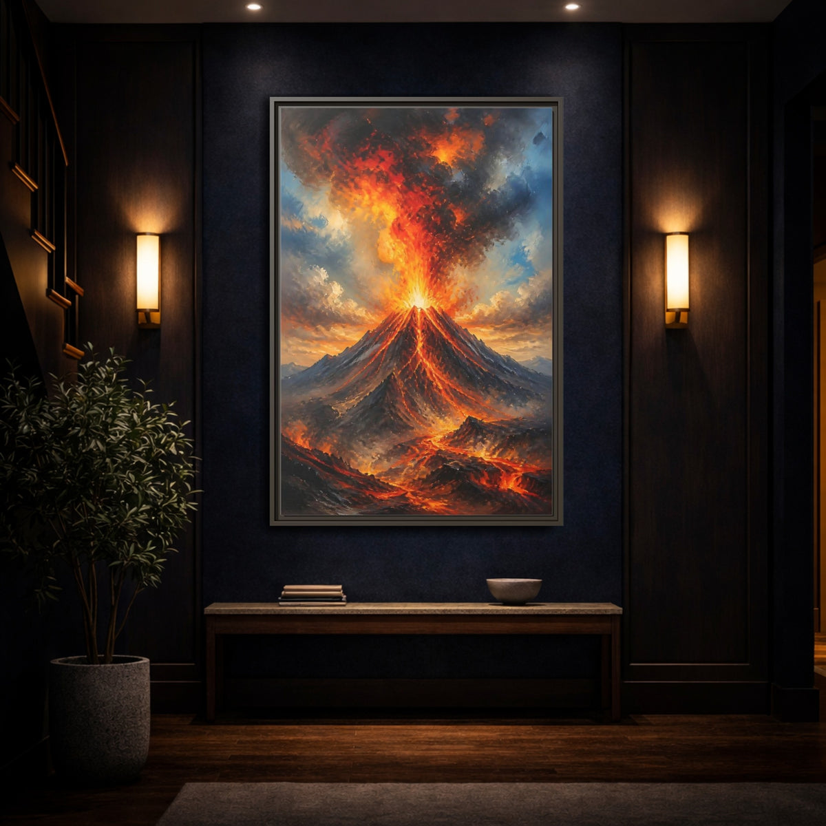 Mockup 4. Fiery Volcano Eruption shown as framed canvas print