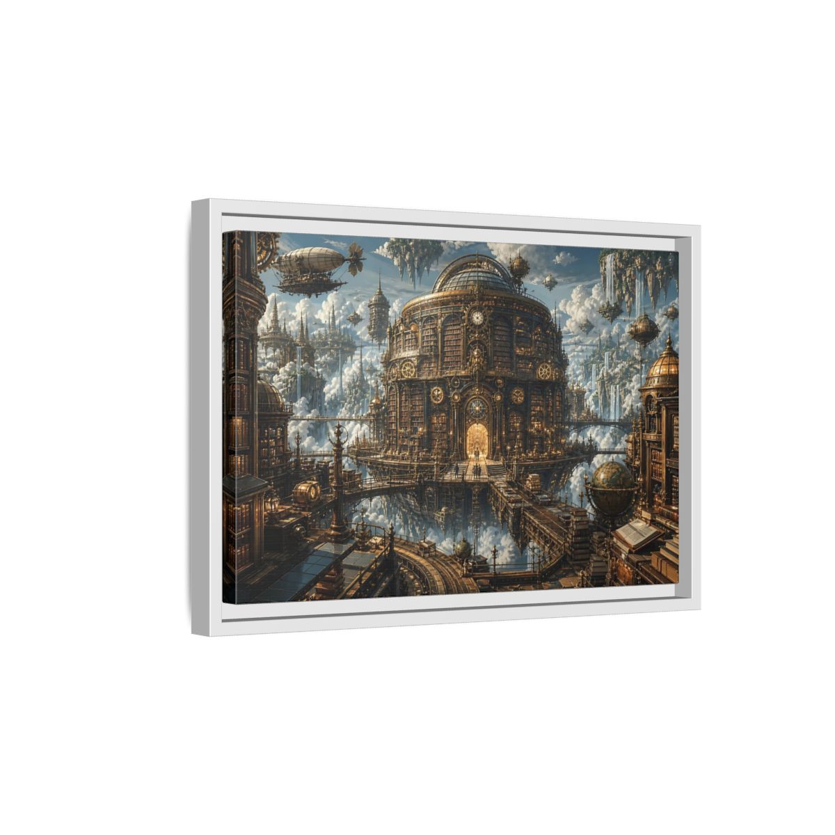 Side Mockup 4. Floating Clockwork Library shown as framed canvas print