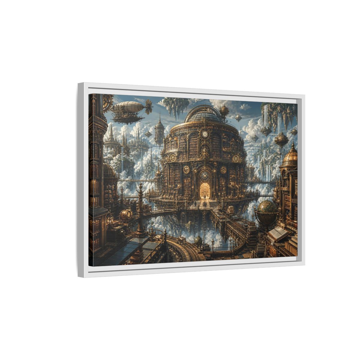 Side Mockup 1. Floating Clockwork Library shown as framed canvas print