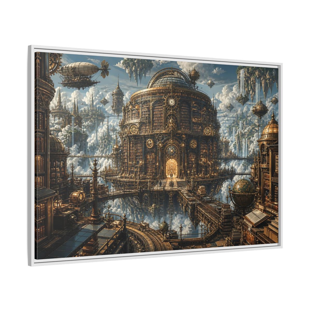 Side Mockup 7. Floating Clockwork Library shown as framed canvas print