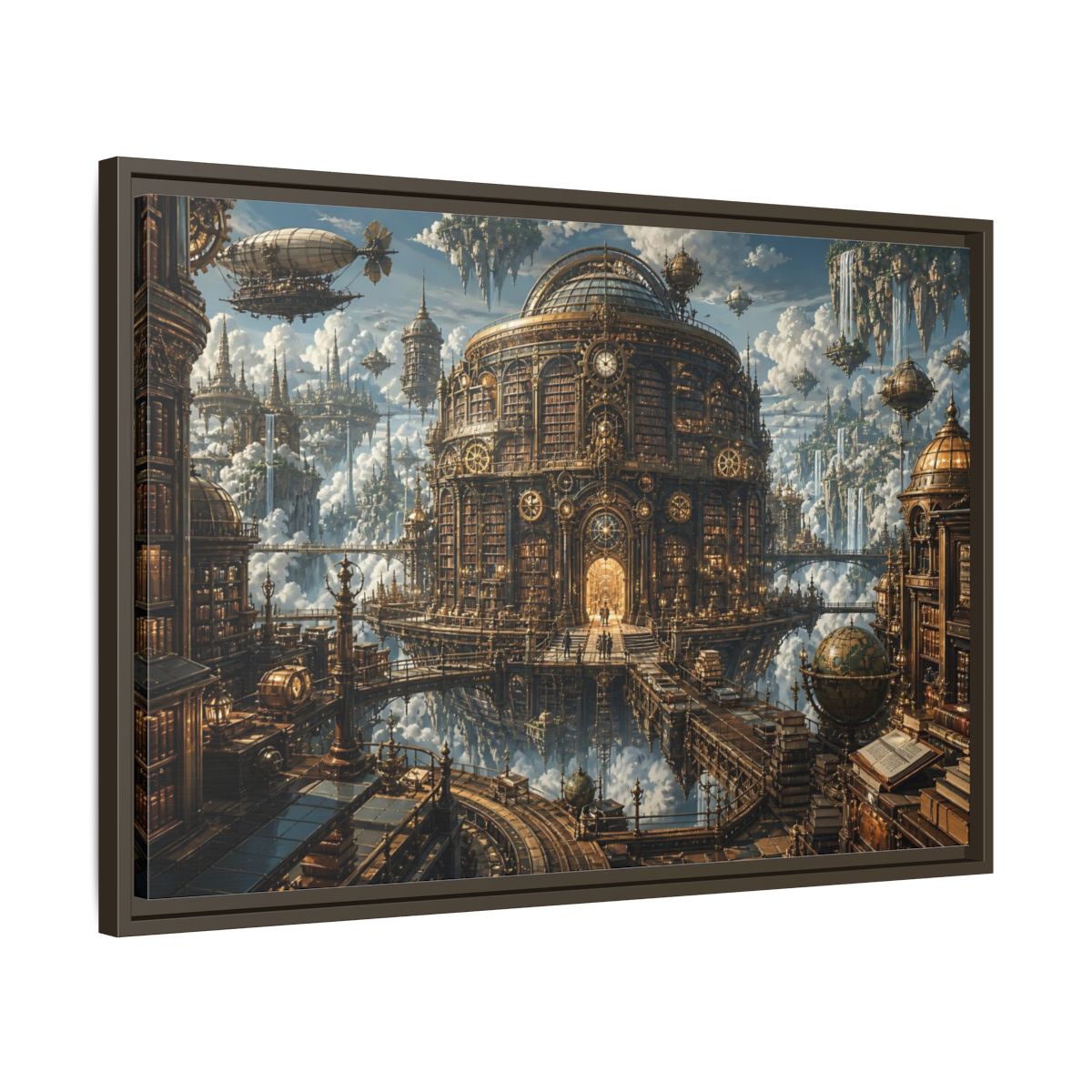 Side Mockup 11. Floating Clockwork Library shown as framed canvas print