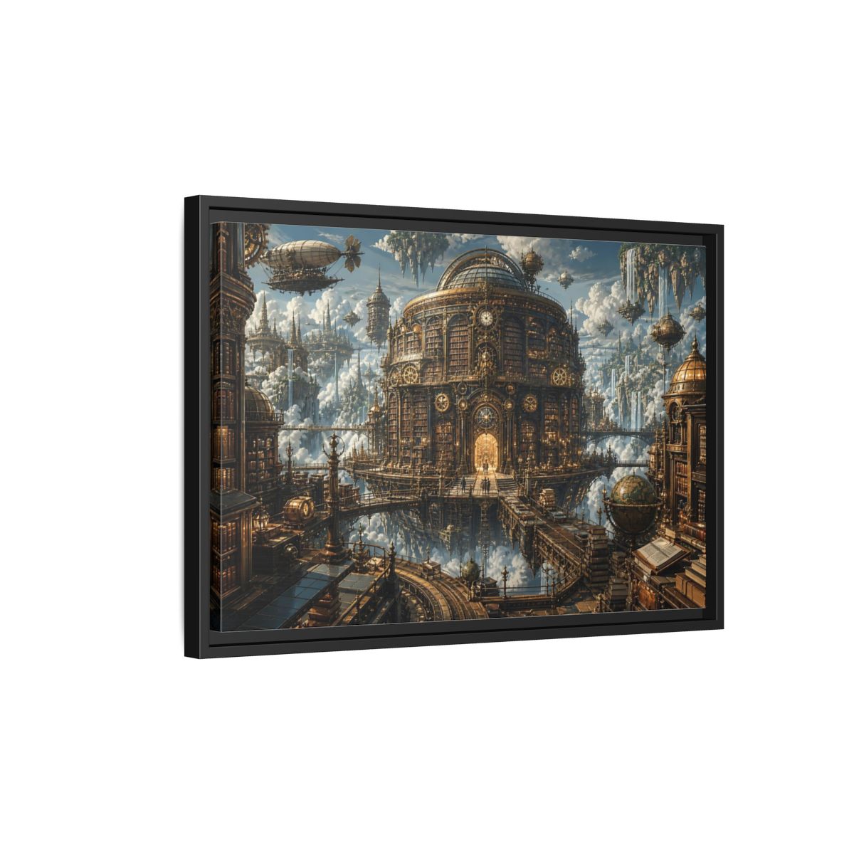 Side Mockup 3. Floating Clockwork Library shown as framed canvas print