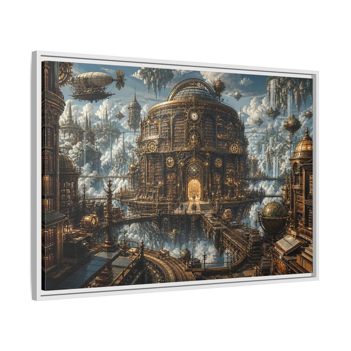 Side Mockup 9. Floating Clockwork Library shown as framed canvas print
