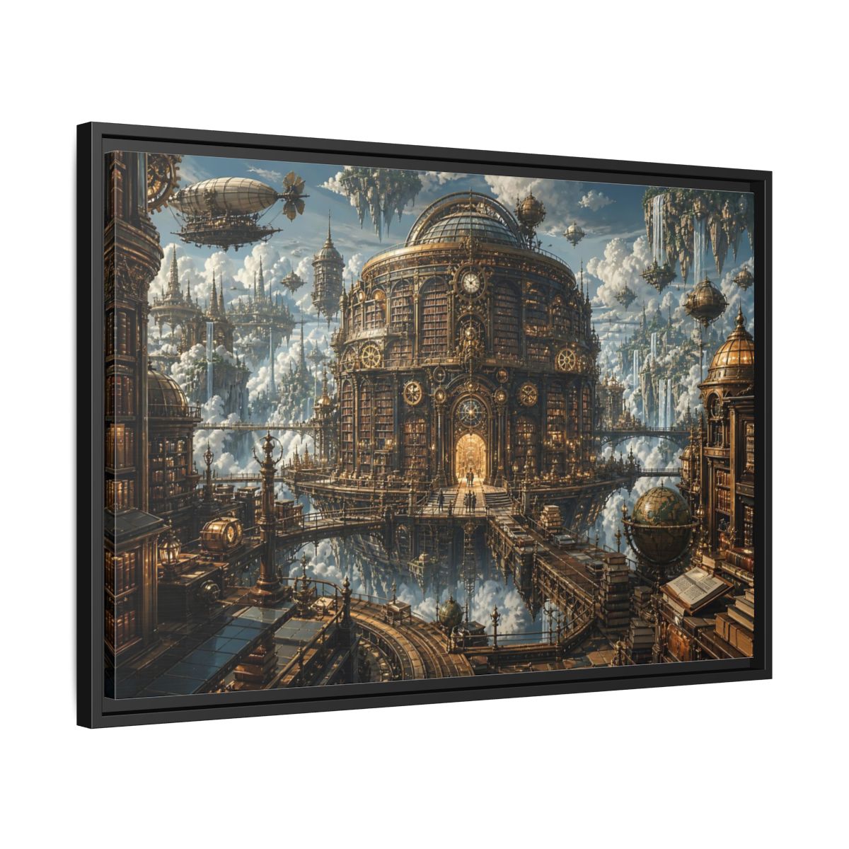 Side Mockup 14. Floating Clockwork Library shown as framed canvas print
