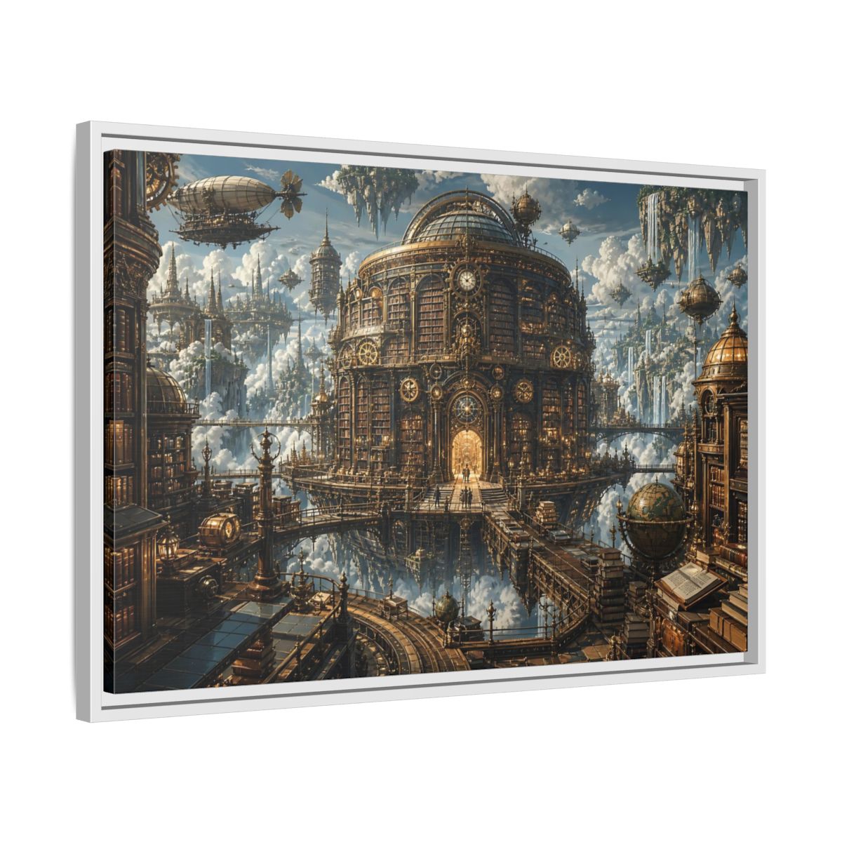 Side Mockup 10. Floating Clockwork Library shown as framed canvas print