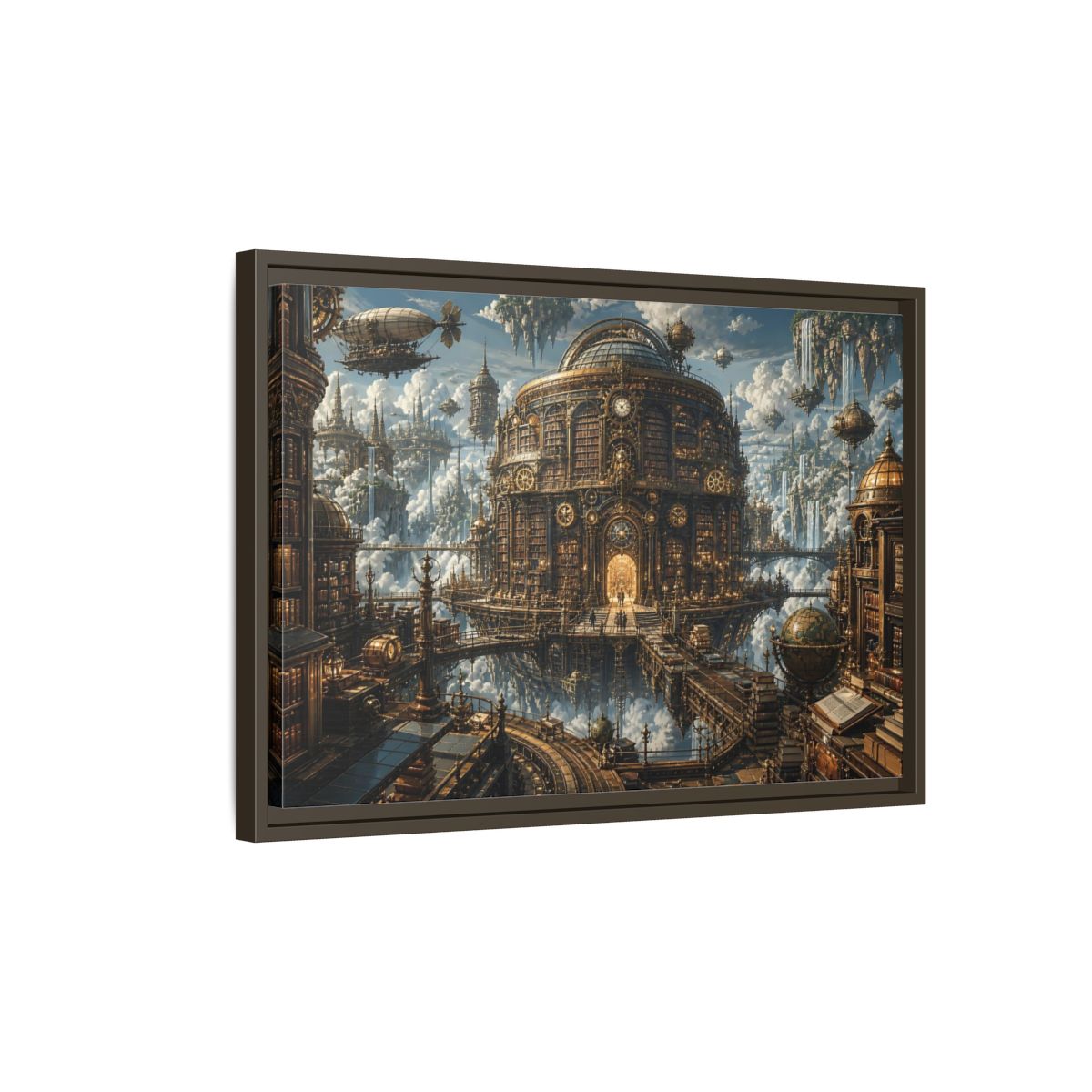 Side Mockup 2. Floating Clockwork Library shown as framed canvas print