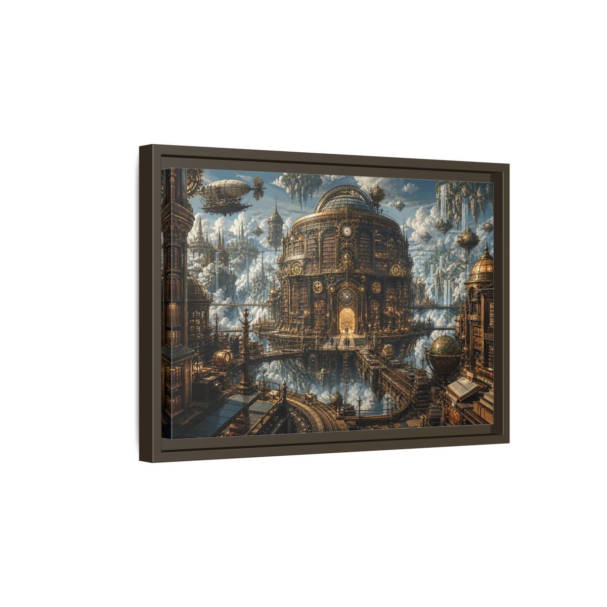 Side Mockup 5. Floating Clockwork Library shown as framed canvas print
