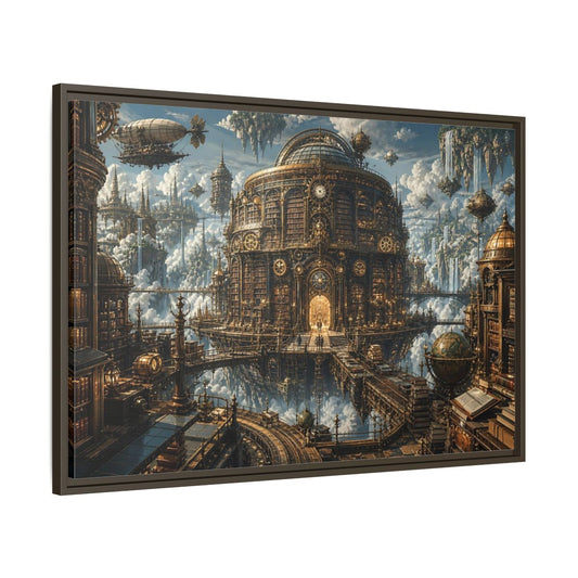 Main Mockup. Floating Clockwork Library shown as framed canvas print