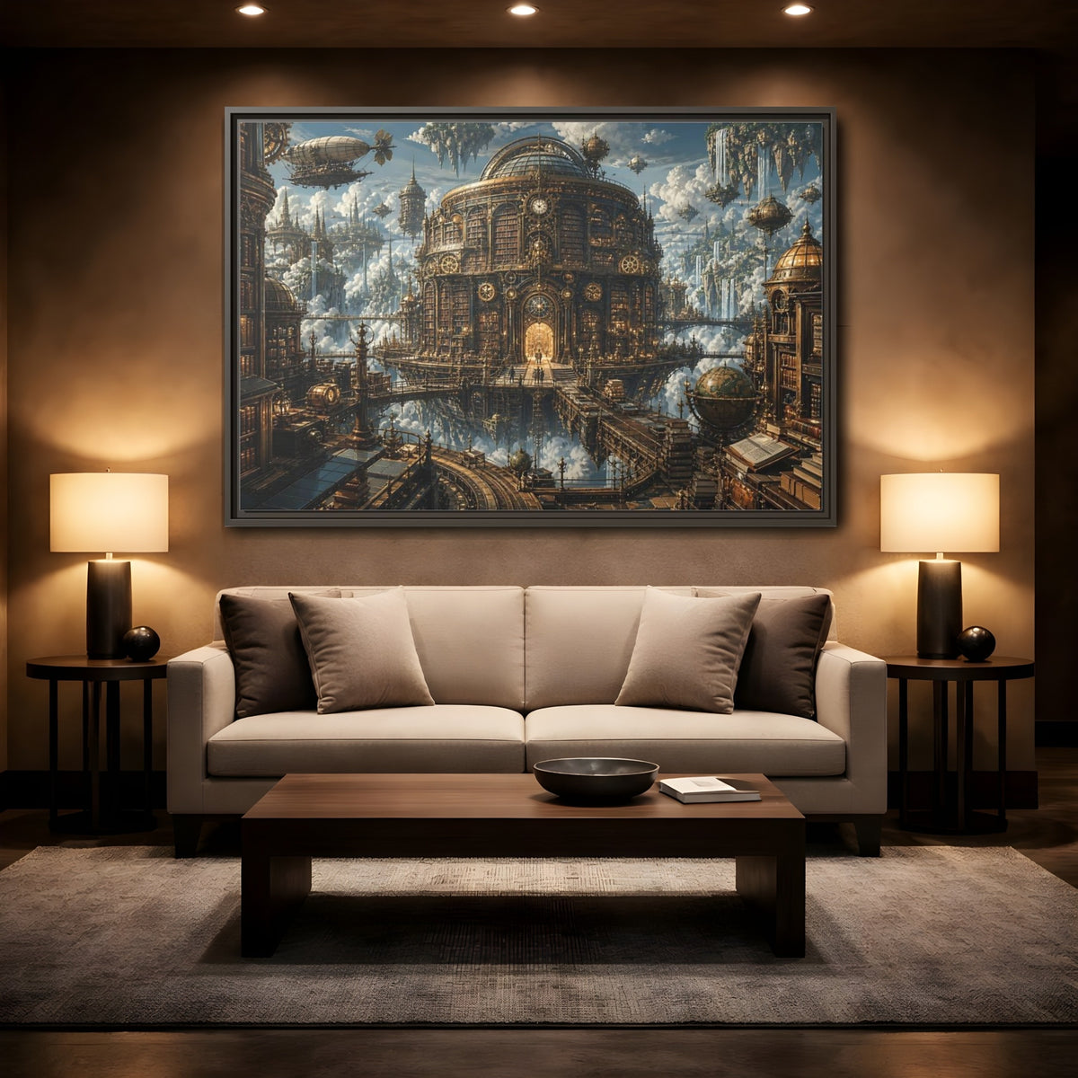 Mockup 2. Floating Clockwork Library shown as framed canvas print