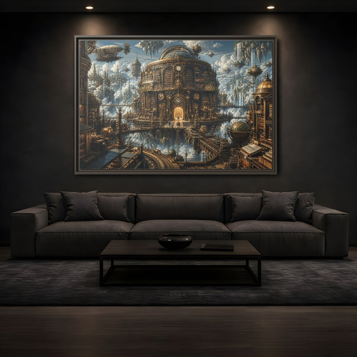 Mockup 3. Floating Clockwork Library shown as framed canvas print