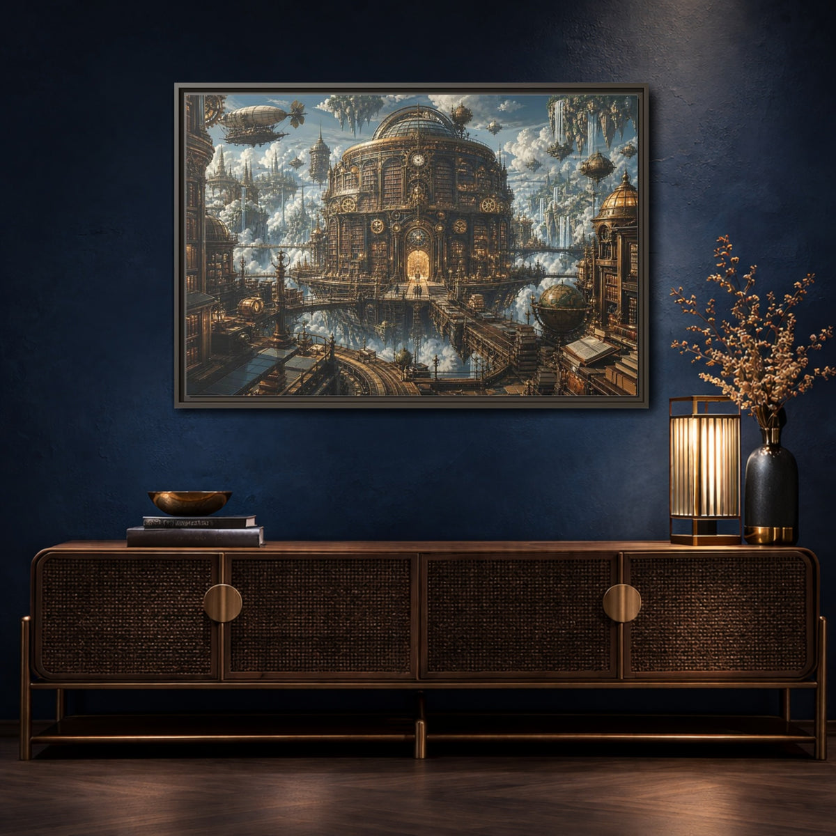 Mockup 4. Floating Clockwork Library shown as framed canvas print