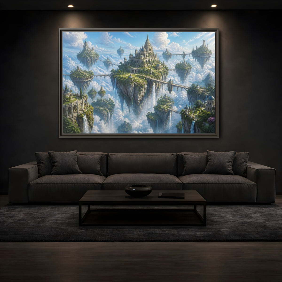 Mockup 3. Floating Island Citadel shown as framed canvas print