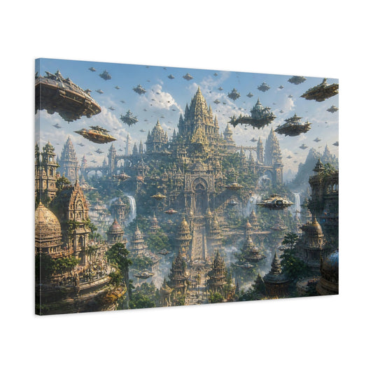 Main Mockup. Floating Temple Cityscape shown as canvas print