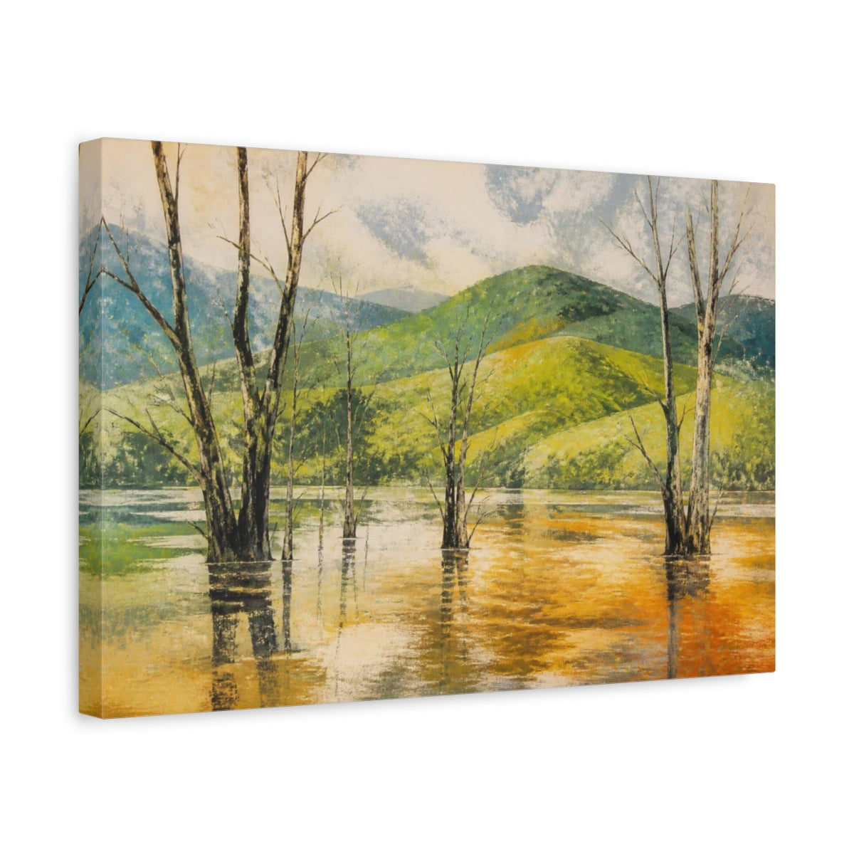 Side Mockup 4. Flooded Woodland Landscape shown as canvas print