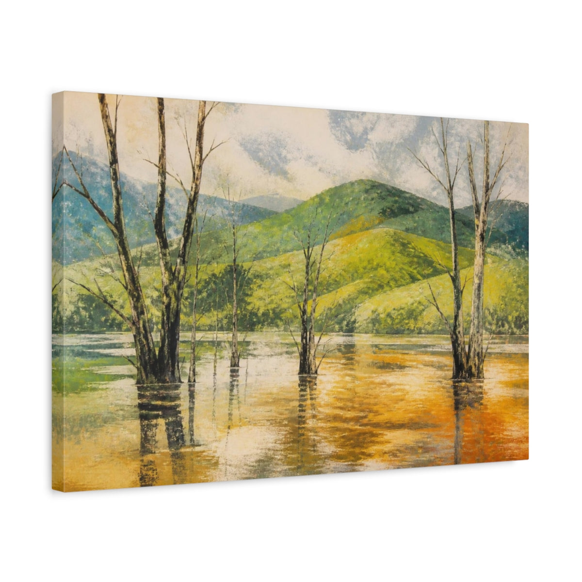 Side Mockup 3. Flooded Woodland Landscape shown as canvas print