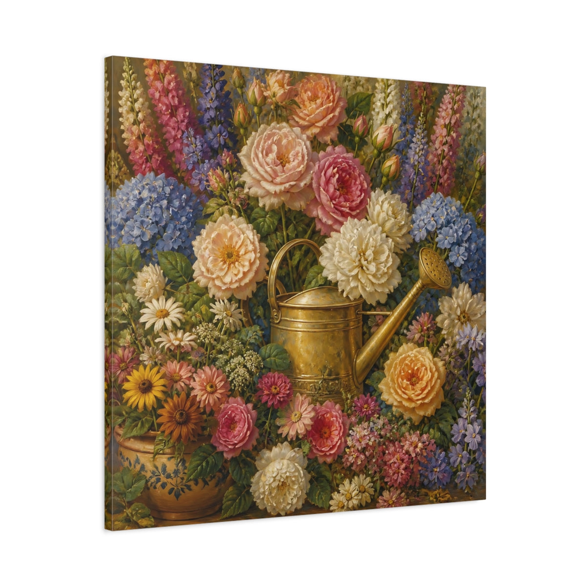 Main Mockup. Floral Brass Watering Can shown as canvas print