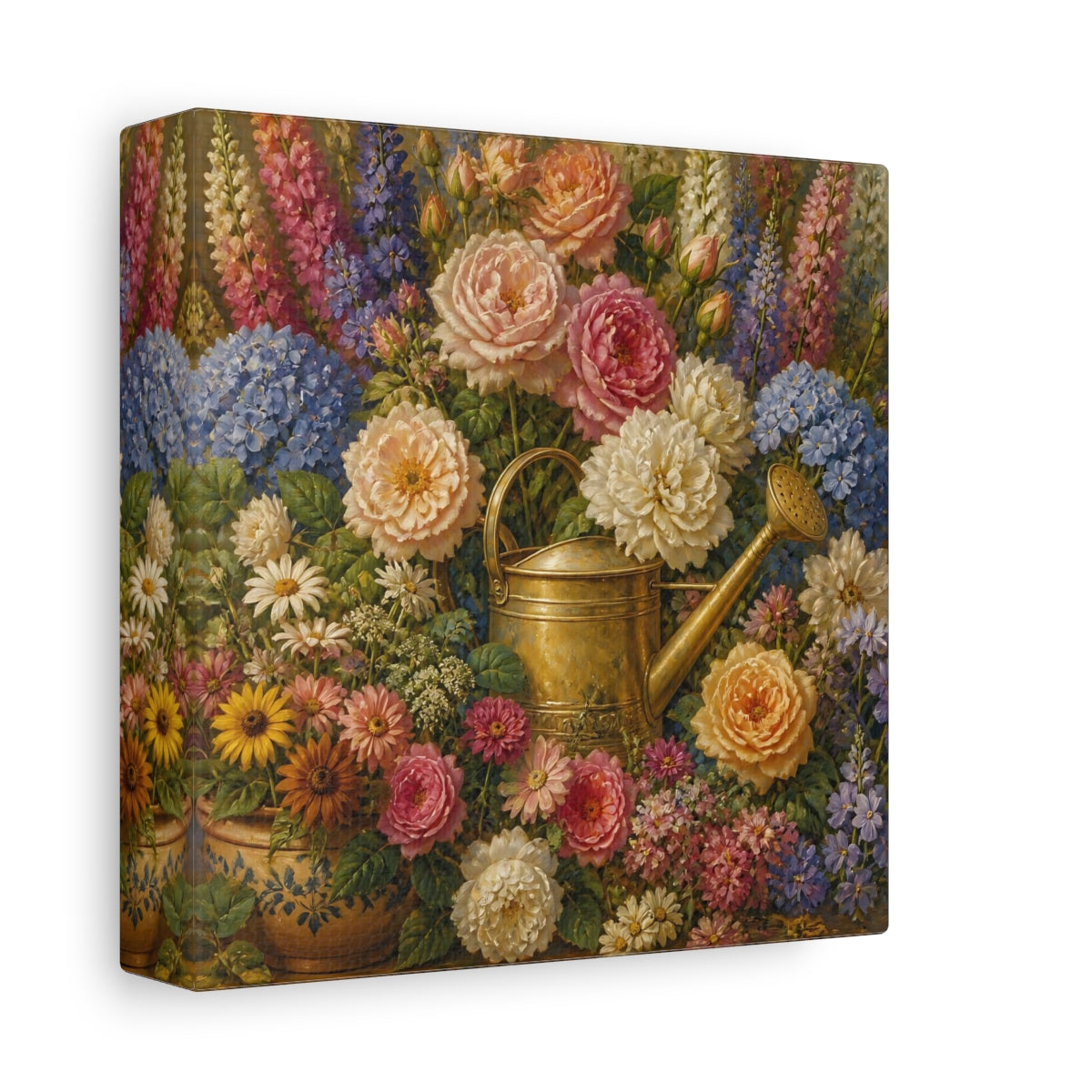 Side Mockup 2. Floral Brass Watering Can shown as canvas print