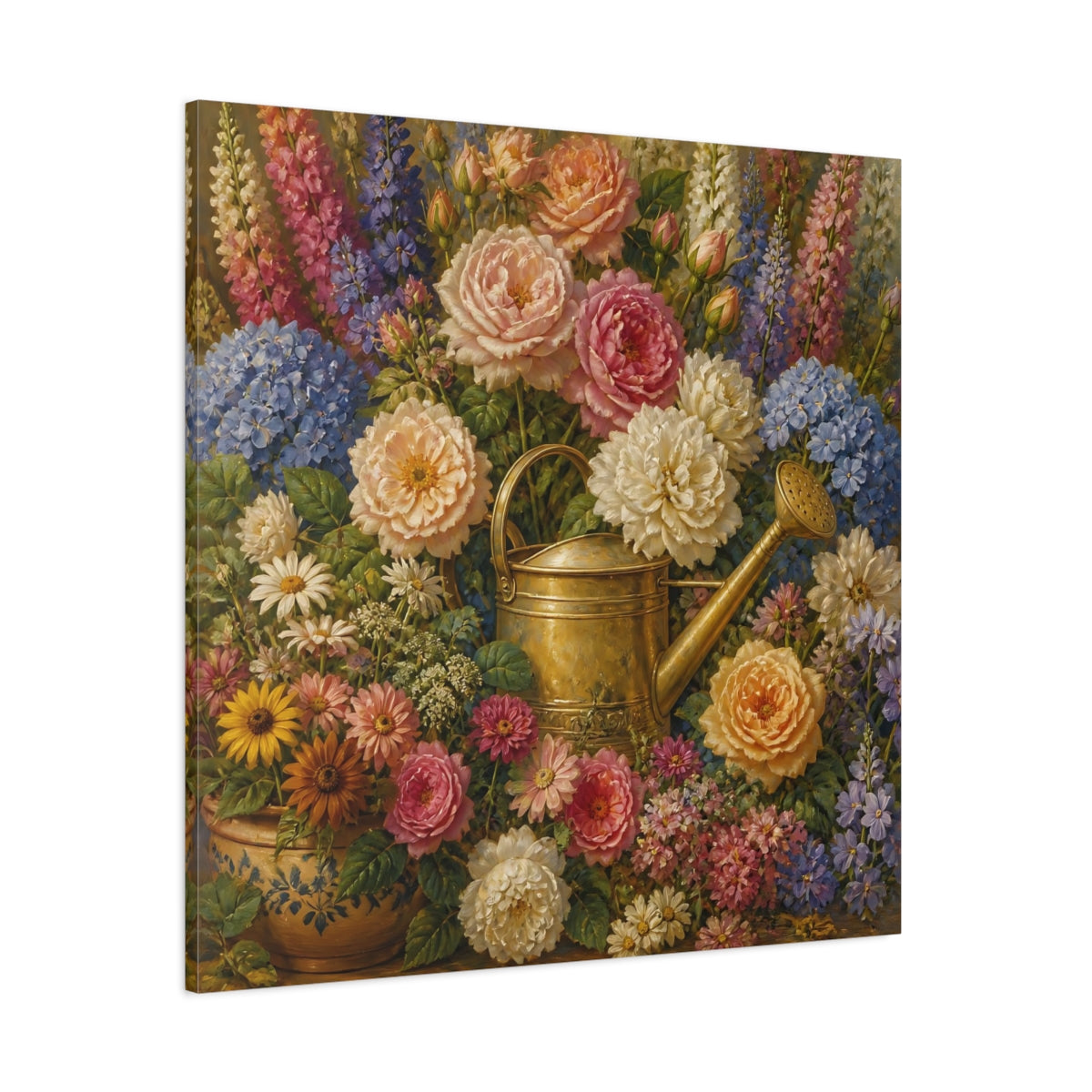 Side Mockup 1. Floral Brass Watering Can shown as canvas print