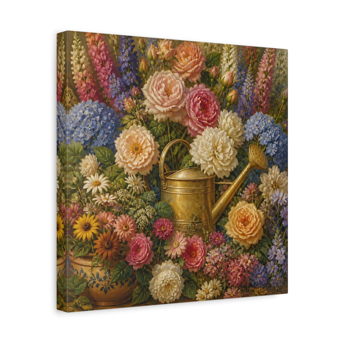 Side Mockup 7. Floral Brass Watering Can shown as canvas print