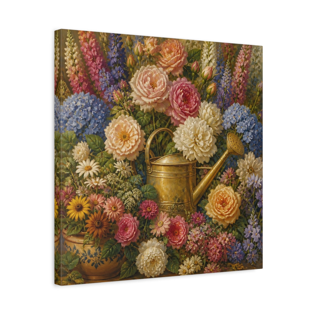 Side Mockup 5. Floral Brass Watering Can shown as canvas print
