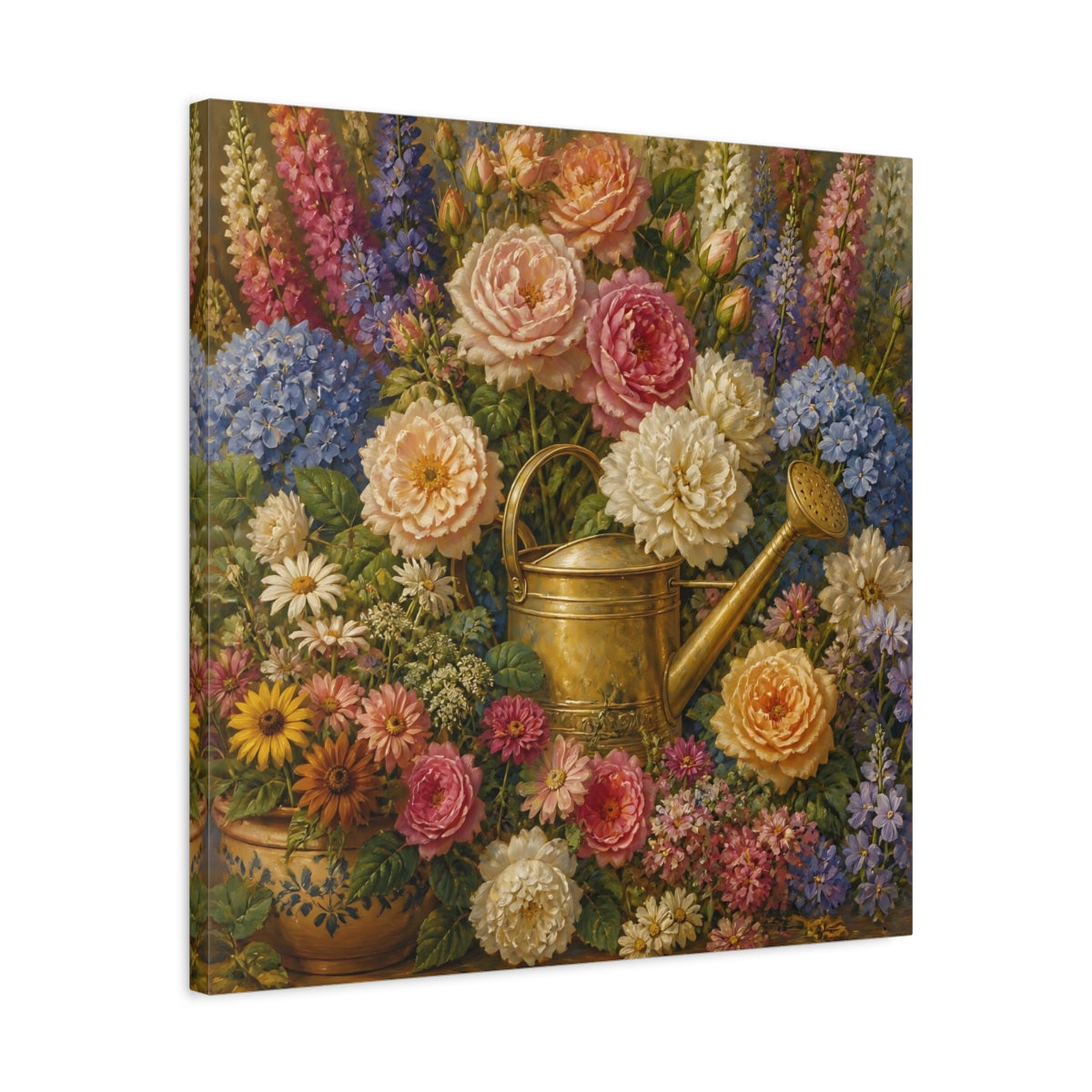 Side Mockup 4. Floral Brass Watering Can shown as canvas print