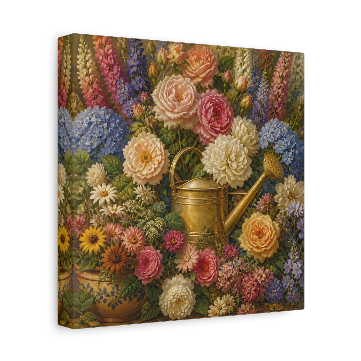 Side Mockup 9. Floral Brass Watering Can shown as canvas print