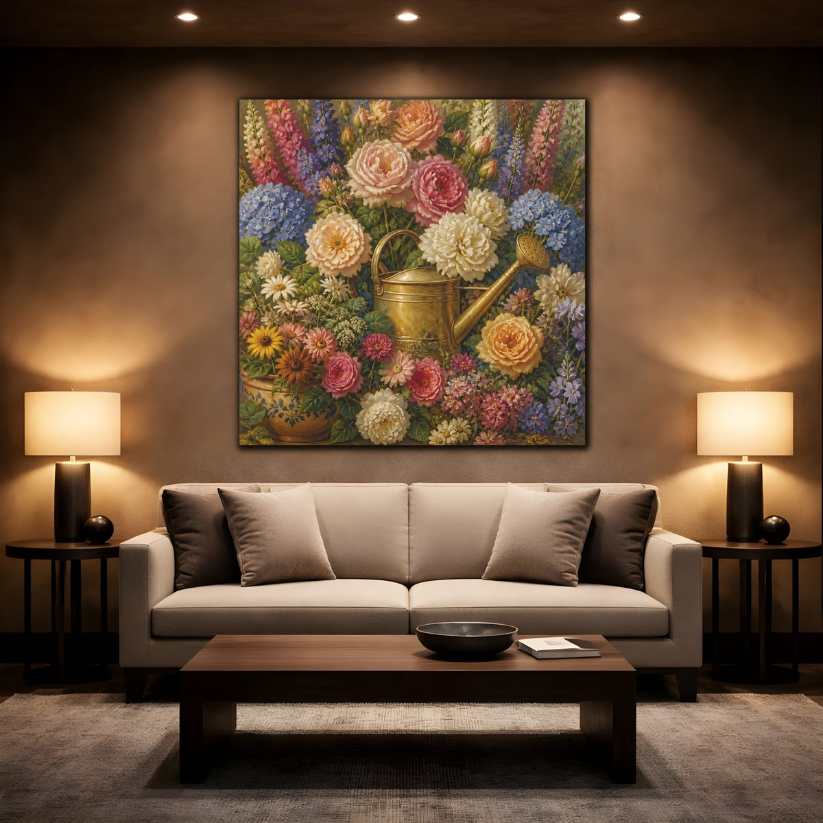 Mockup 2. Floral Brass Watering Can shown as canvas print