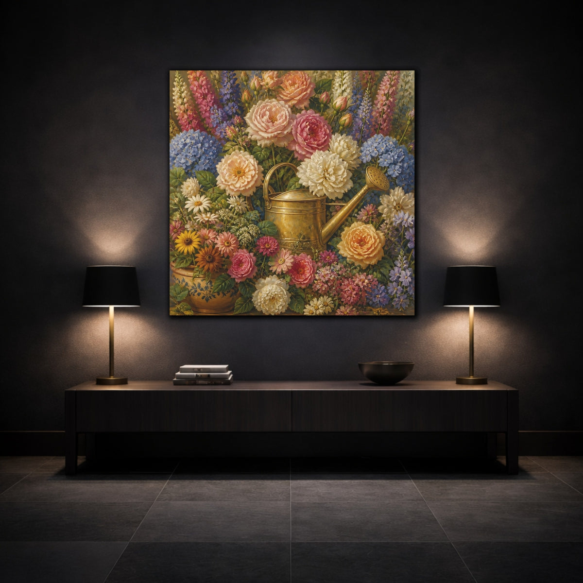 Mockup 3. Floral Brass Watering Can shown as canvas print