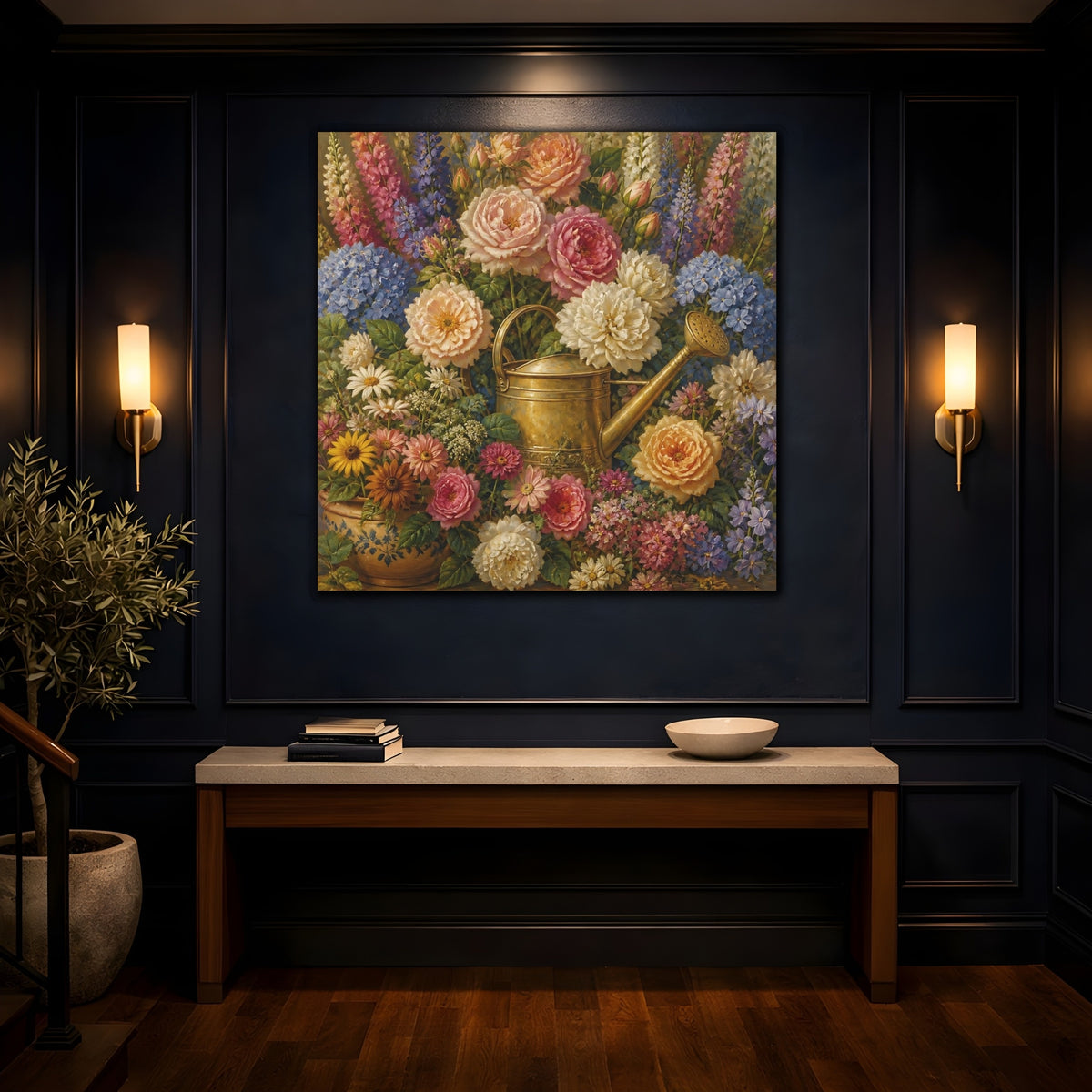 Mockup 4. Floral Brass Watering Can shown as canvas print