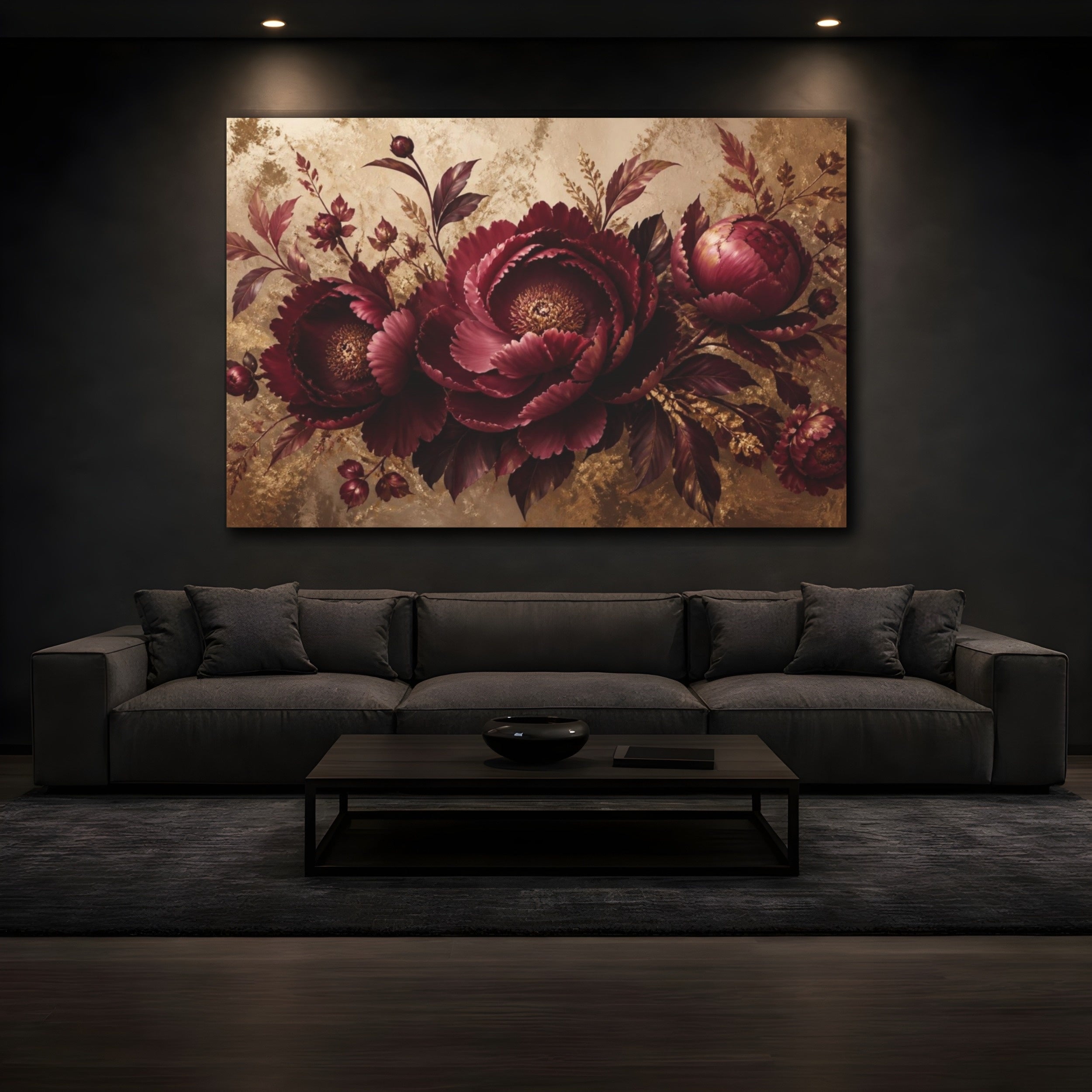 Mockup 3. Floral Burgundy Peony shown as canvas print