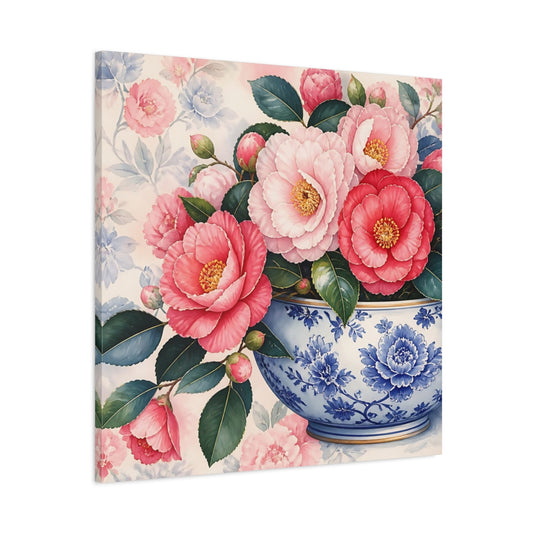 Main Mockup. Floral Camellias In Bowl shown as canvas print