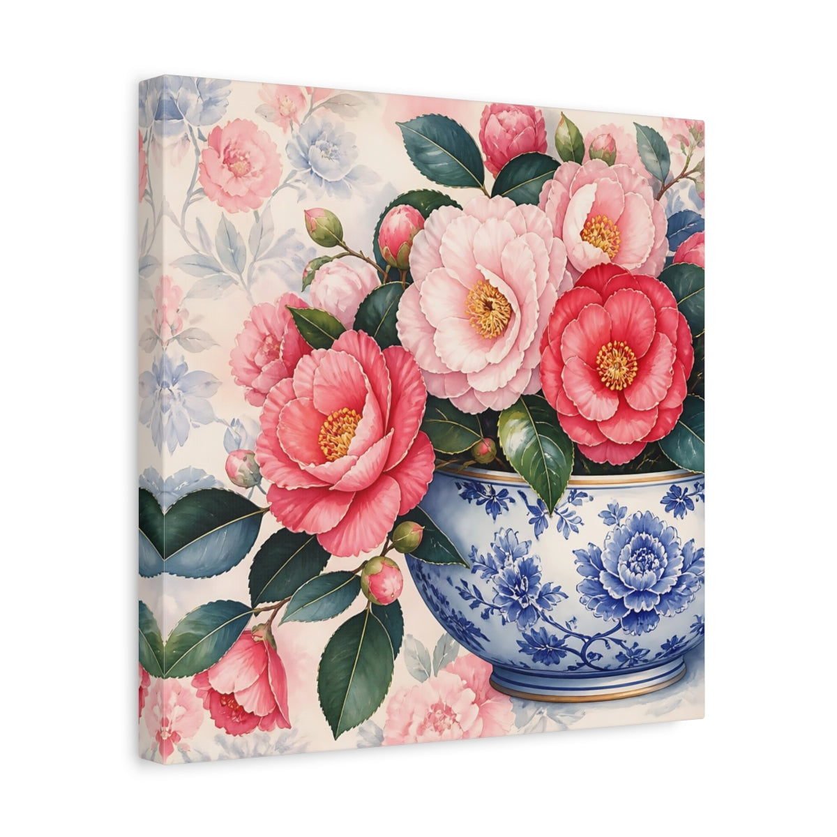 Side Mockup 7. Floral Camellias In Bowl shown as canvas print