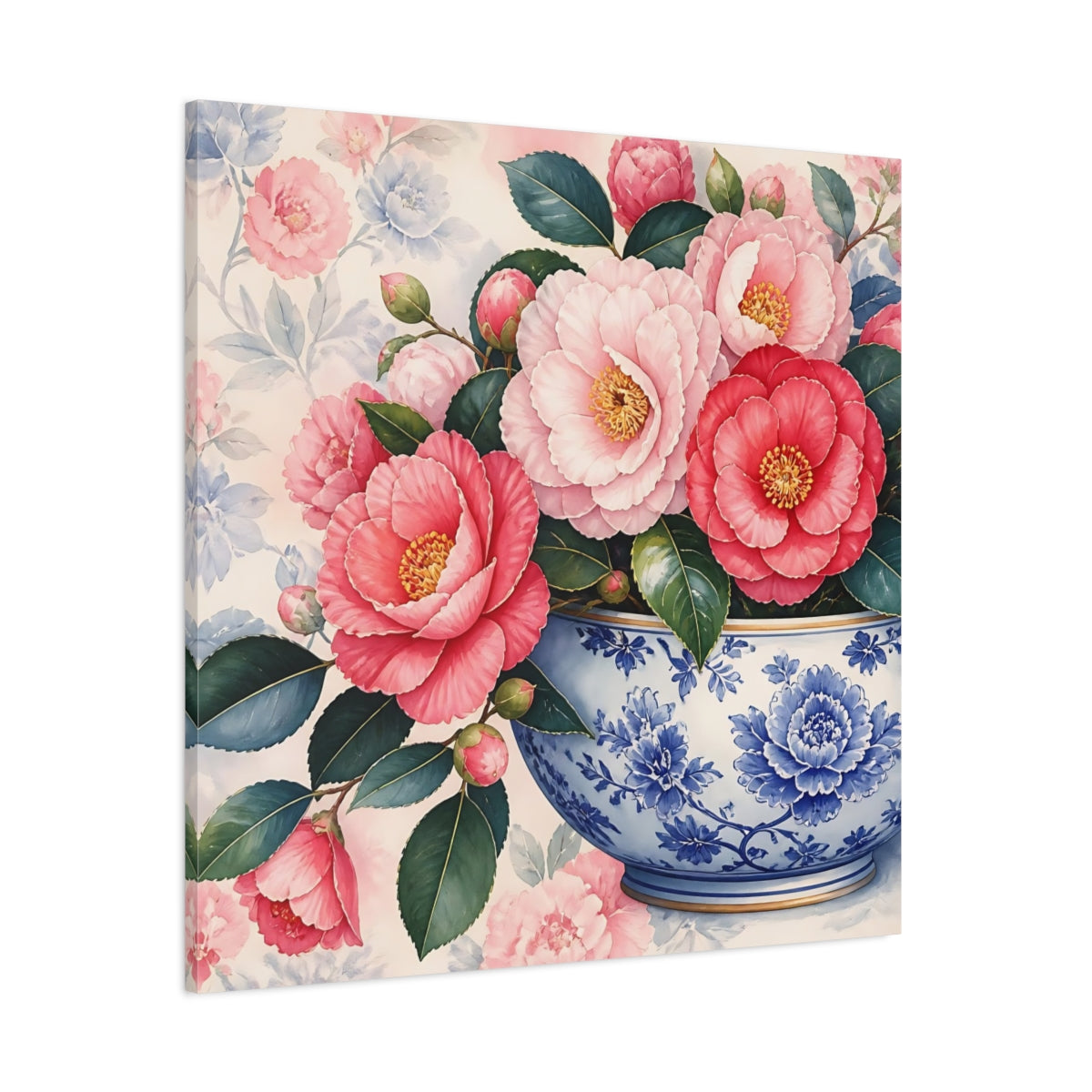 Side Mockup 1. Floral Camellias In Bowl shown as canvas print