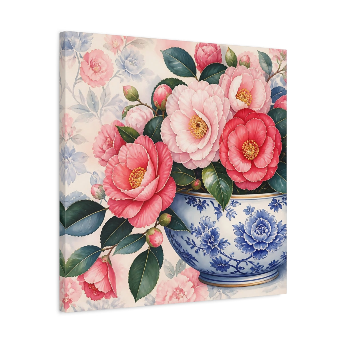 Side Mockup 4. Floral Camellias In Bowl shown as canvas print