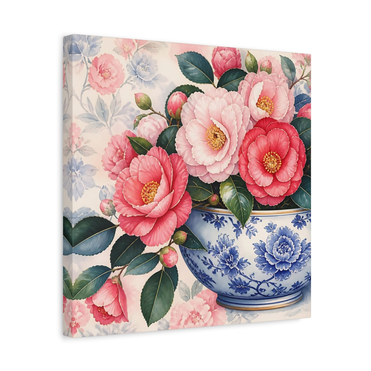 Side Mockup 6. Floral Camellias In Bowl shown as canvas print