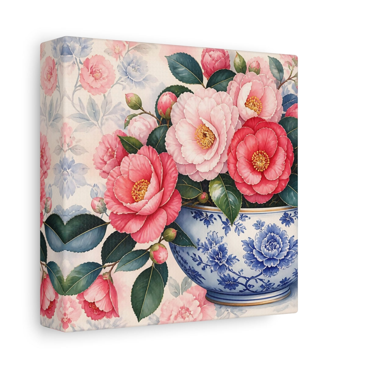 Side Mockup 2. Floral Camellias In Bowl shown as canvas print