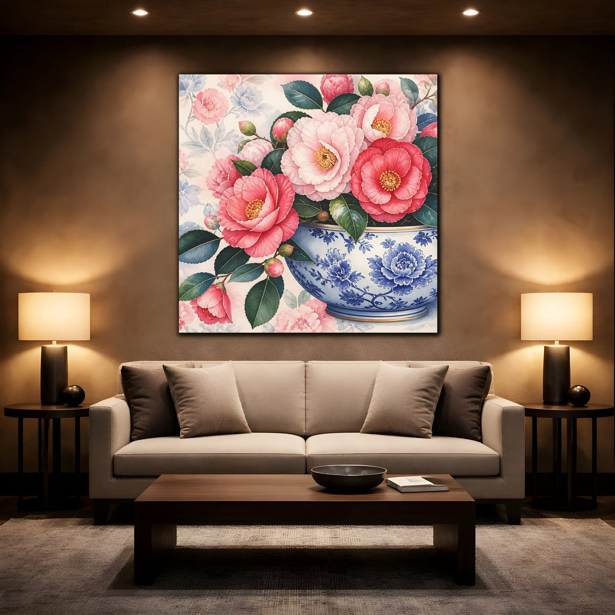 Mockup 2. Floral Camellias In Bowl shown as canvas print
