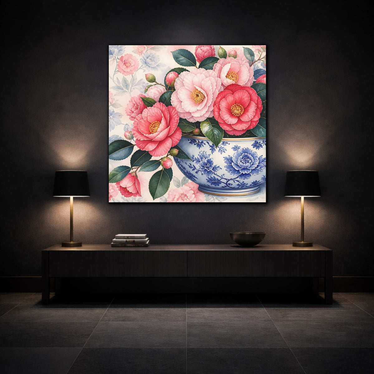 Mockup 3. Floral Camellias In Bowl shown as canvas print