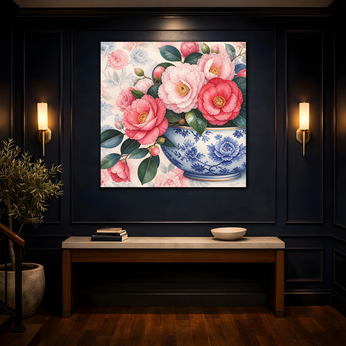 Mockup 4. Floral Camellias In Bowl shown as canvas print