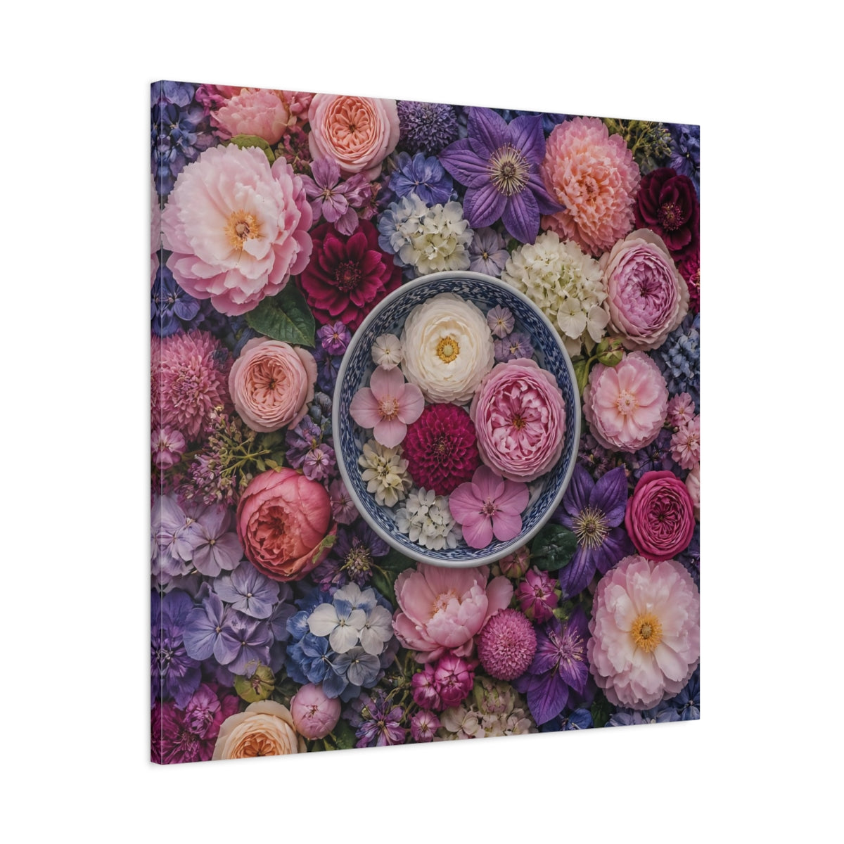 Main Mockup. Floral Ceramic Bowl Arrangement shown as canvas print