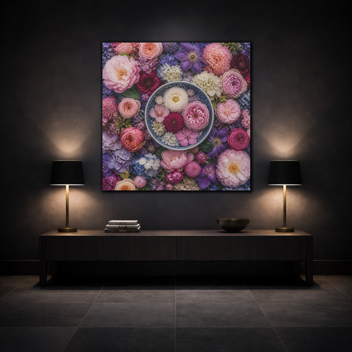 Mockup 3. Floral Ceramic Bowl Arrangement shown as canvas print