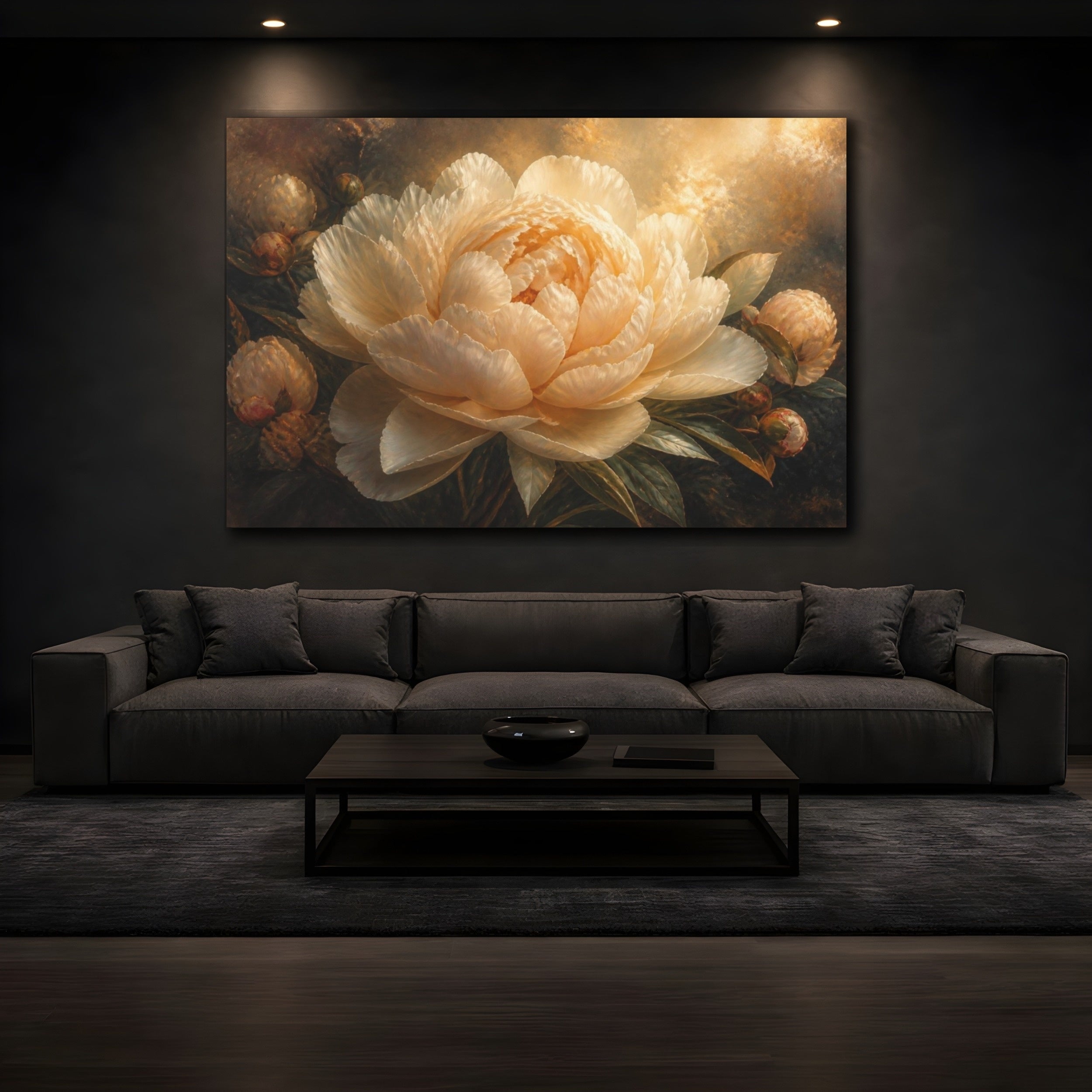 Mockup 3. Floral Cream Peony Glow shown as canvas print