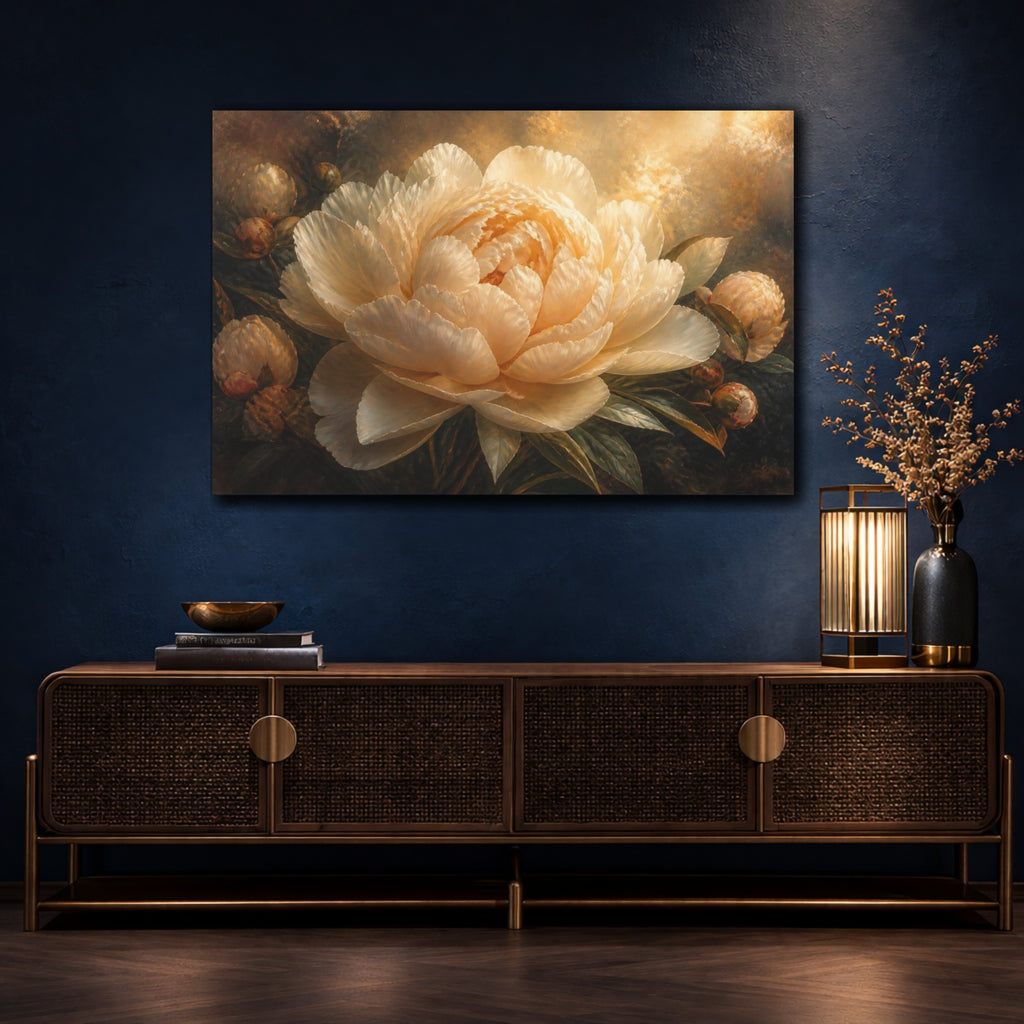 Mockup 4. Floral Cream Peony Glow shown as canvas print