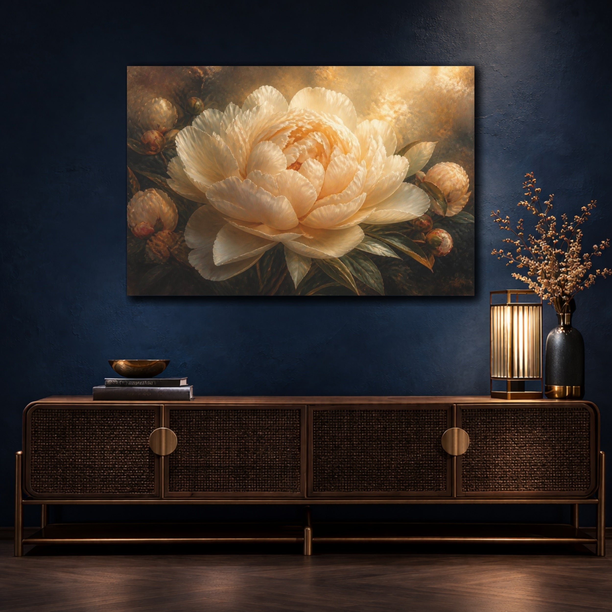 Mockup 4. Floral Cream Peony Glow shown as canvas print