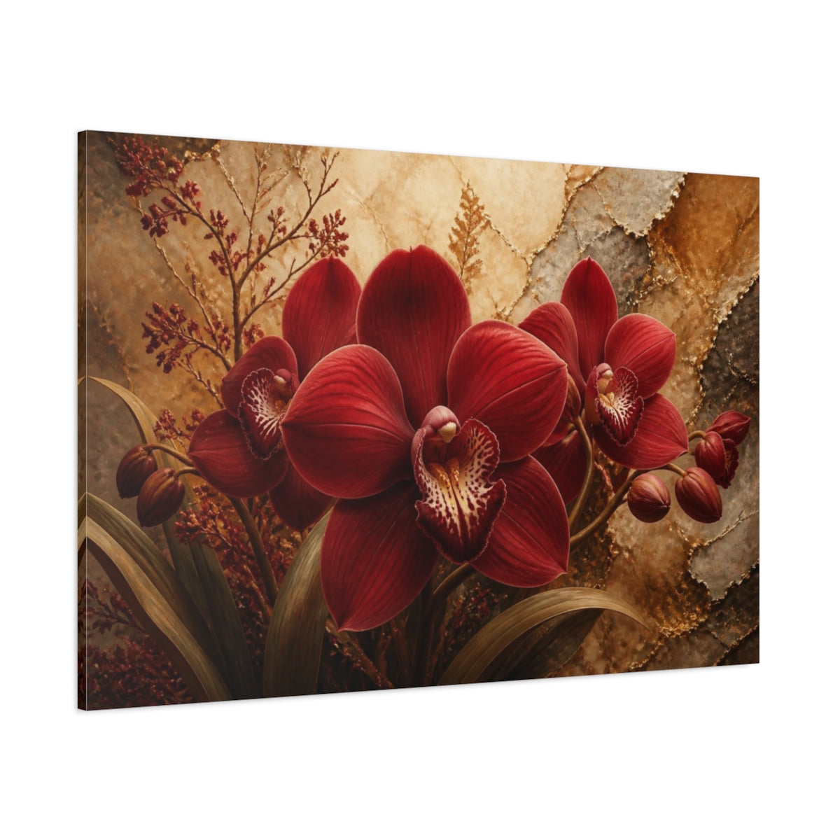 Side Mockup 1. Floral Crimson Orchid shown as canvas print