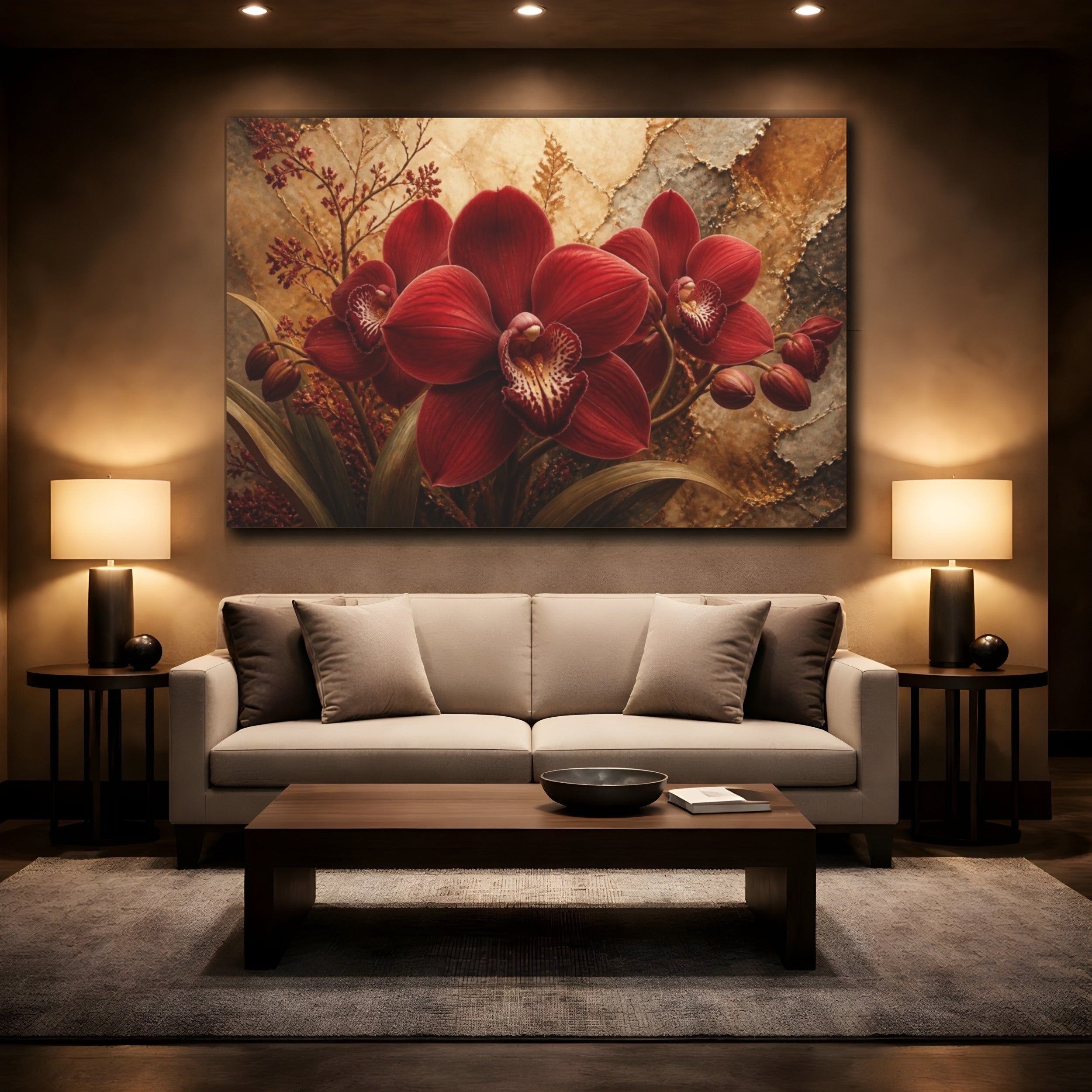 Mockup 2. Floral Crimson Orchid shown as canvas print